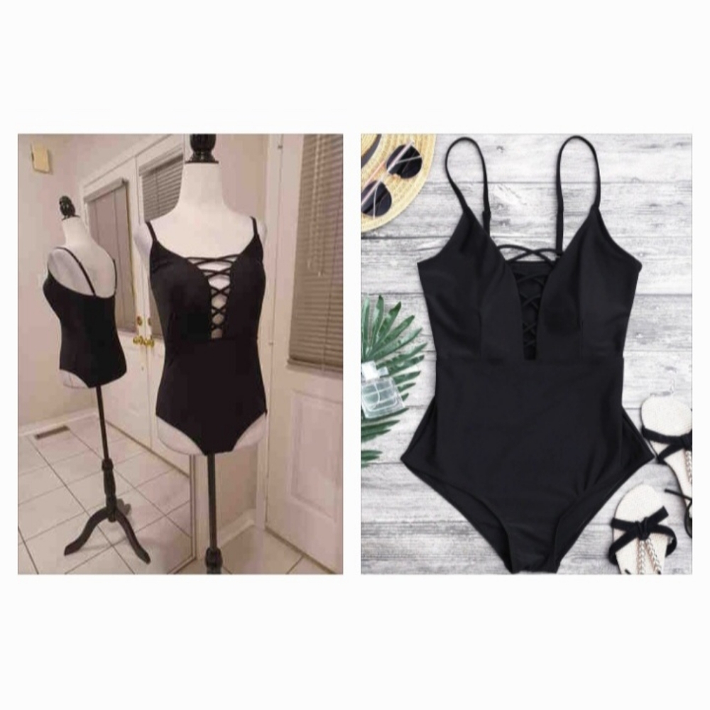 2/$60 New Black Criss-cross Front Swimsuit - Size Medium